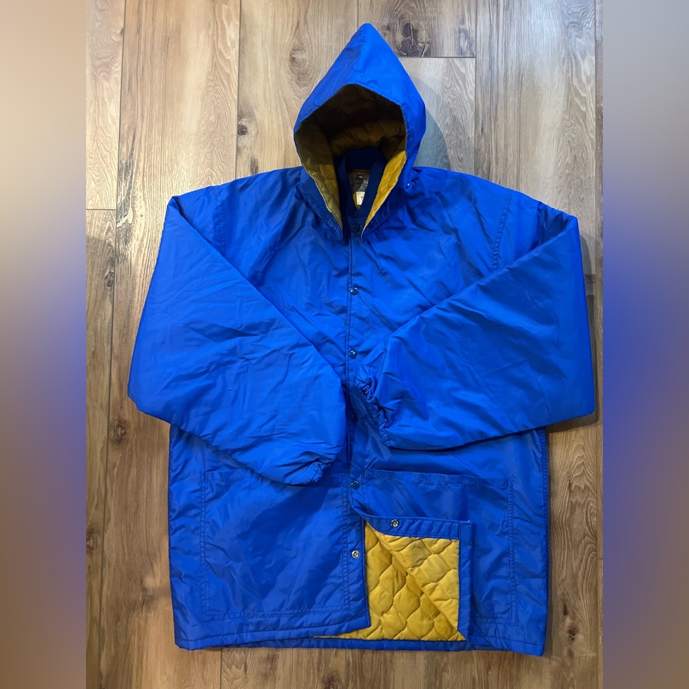 Vintage Southland Athletics Mfg Co Stadium Jacket Blue Gold Quilted Hooded XL